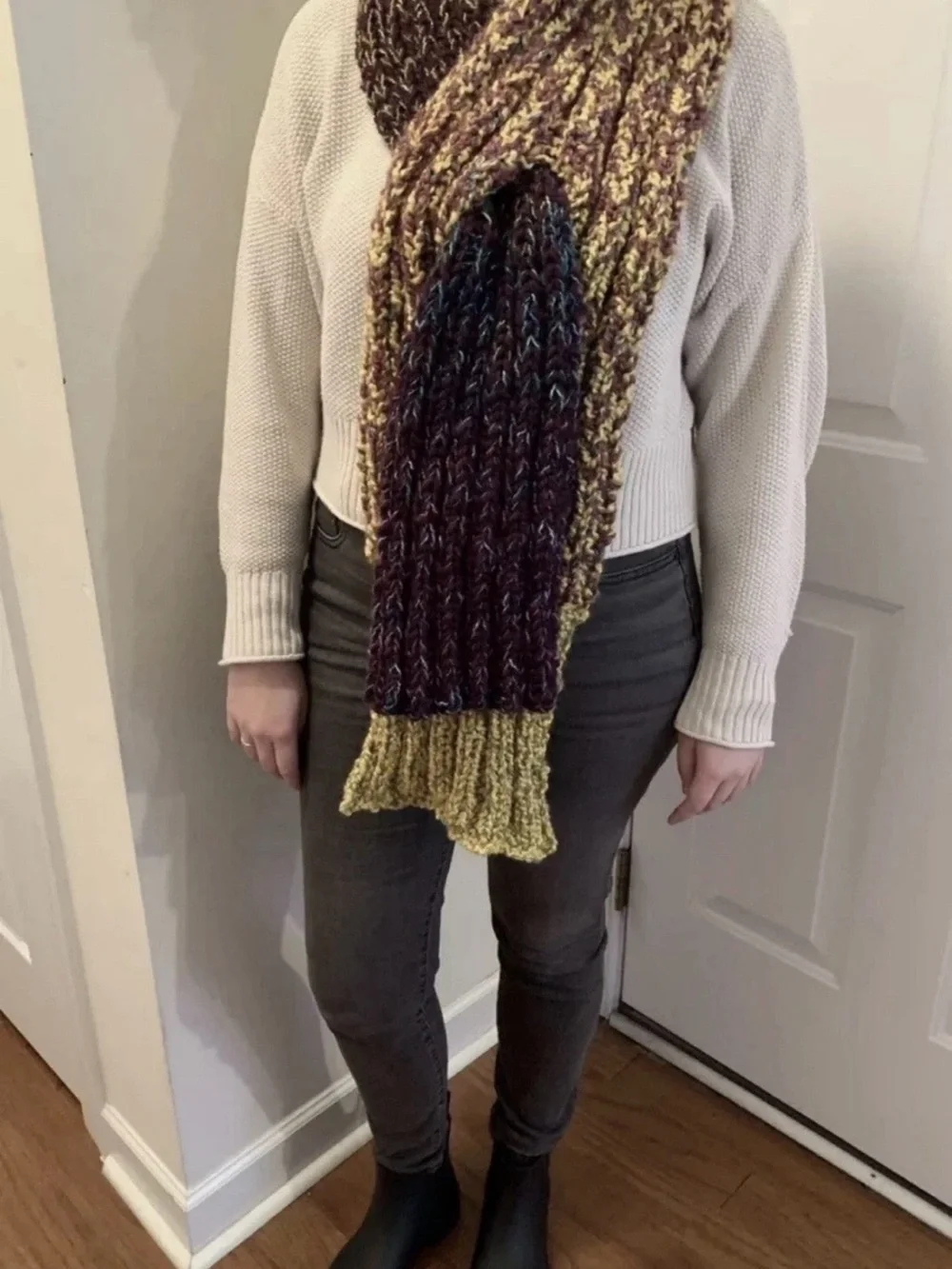 Hand Knit Keyhole Scarf Double Knit Homespun Gold Acrylic & Red Wine Rowan Wool